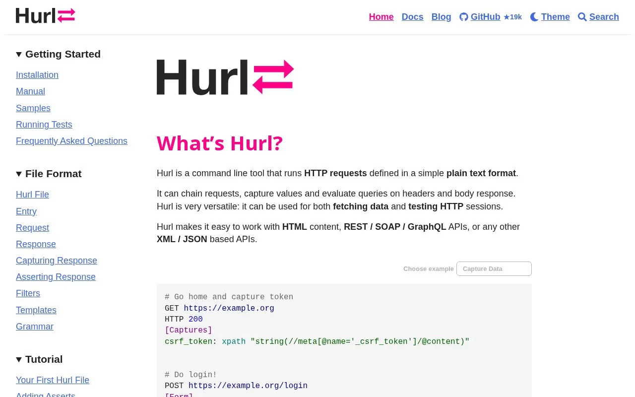 Screenshot of the Hurl homepage