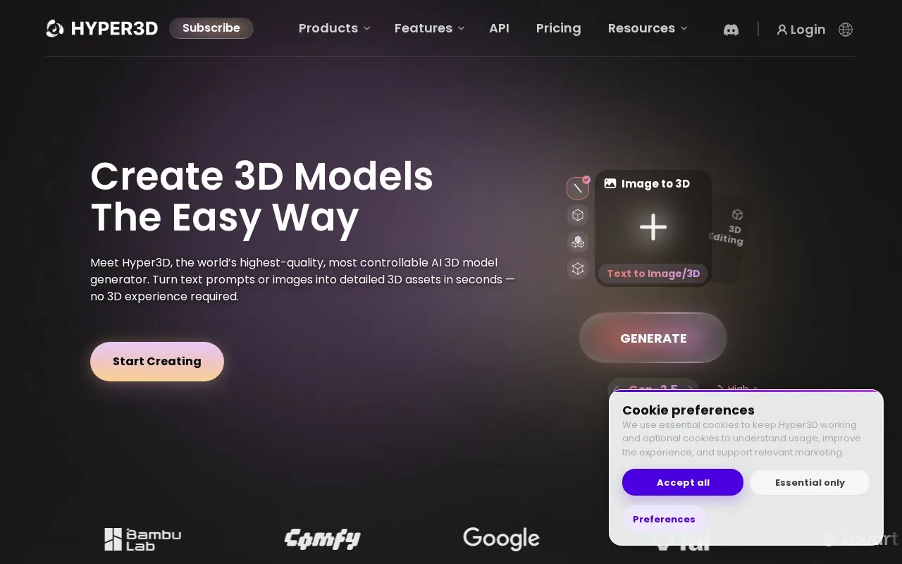 Screenshot of the Hyper3D homepage