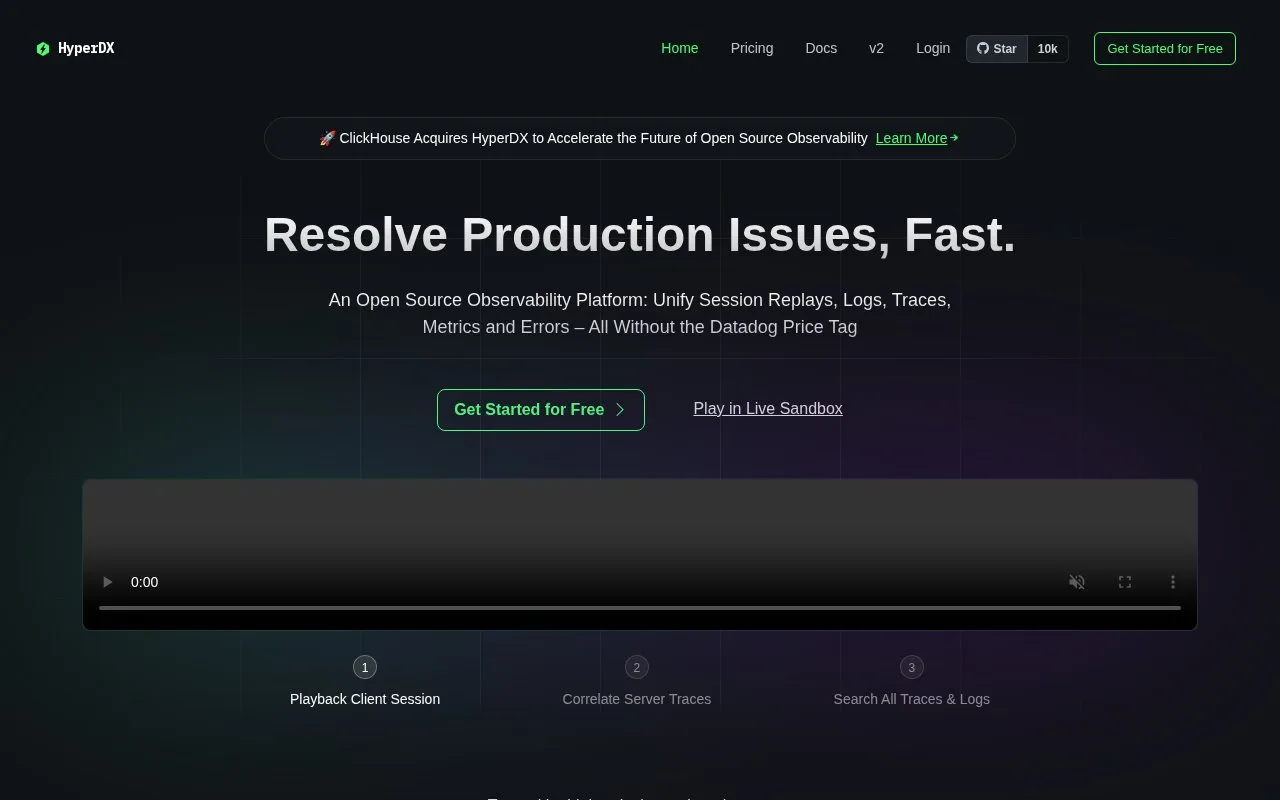 Screenshot of the HyperDX homepage