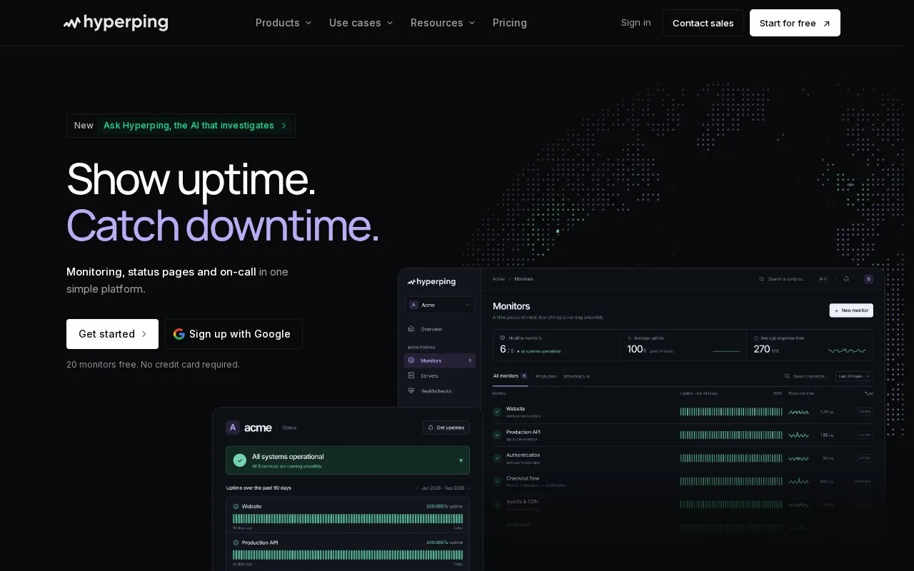 Screenshot of the Hyperping homepage