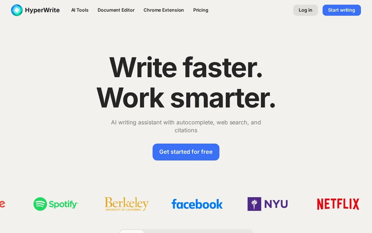Screenshot of the HyperWrite homepage
