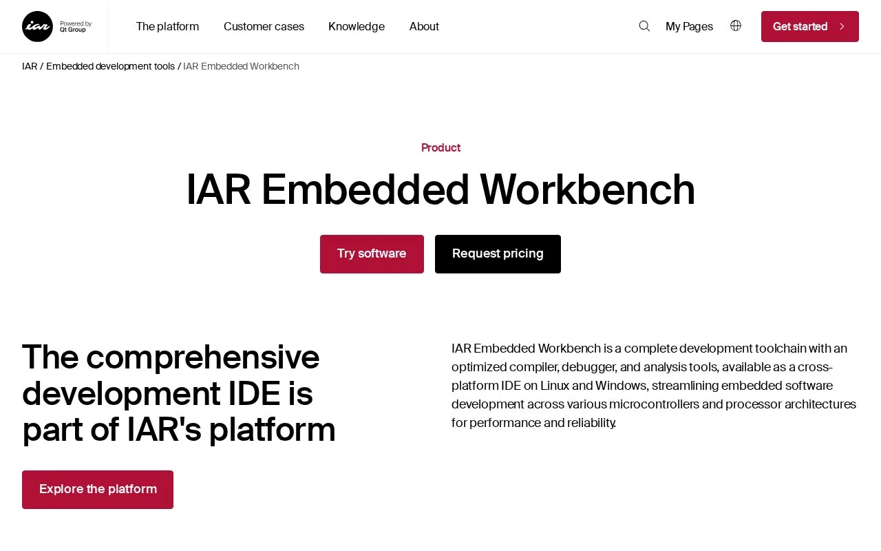 Screenshot of the IAR Embedded Workbench for Arm homepage