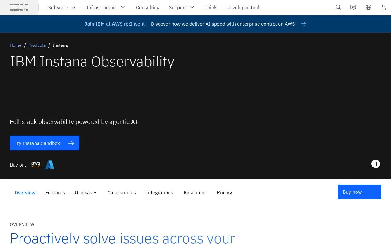 Screenshot of the IBM Instana Observability homepage