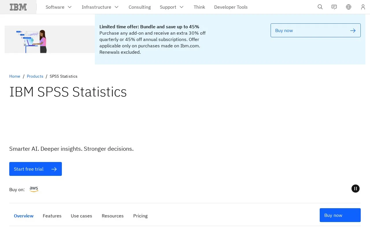 Screenshot of the IBM SPSS Statistics homepage