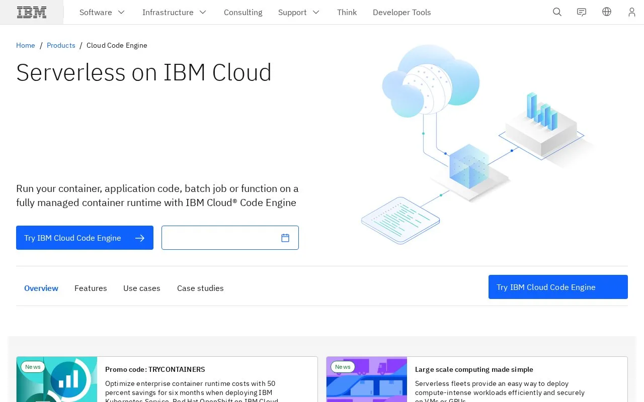 Screenshot of the IBM Cloud Code Engine homepage