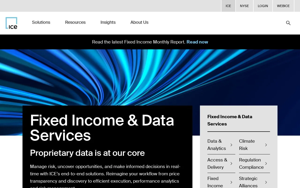 Screenshot of the ICE Data Services homepage