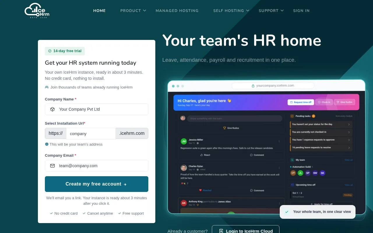 Screenshot of the IceHrm homepage