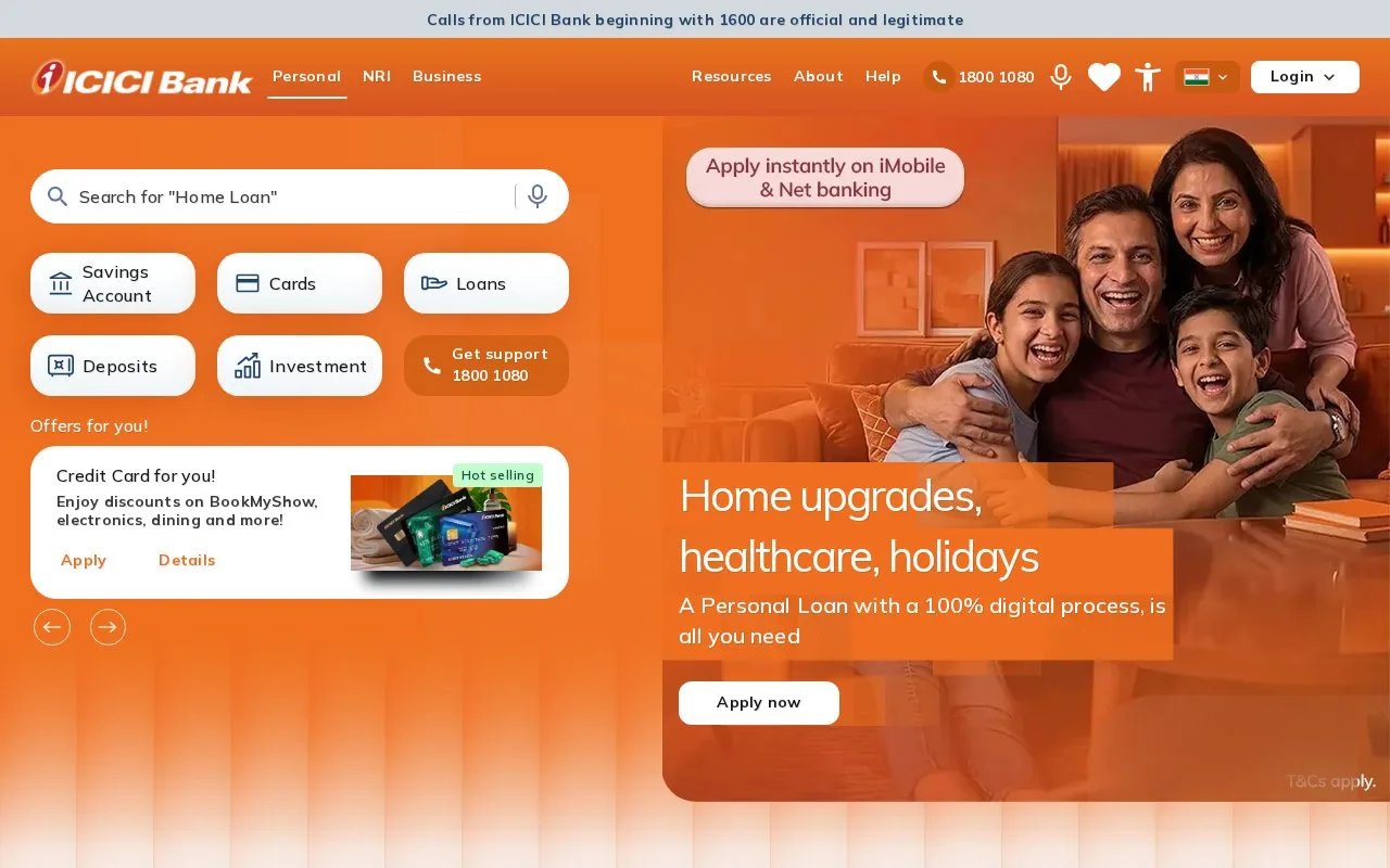 Screenshot of the ICICI Bank homepage