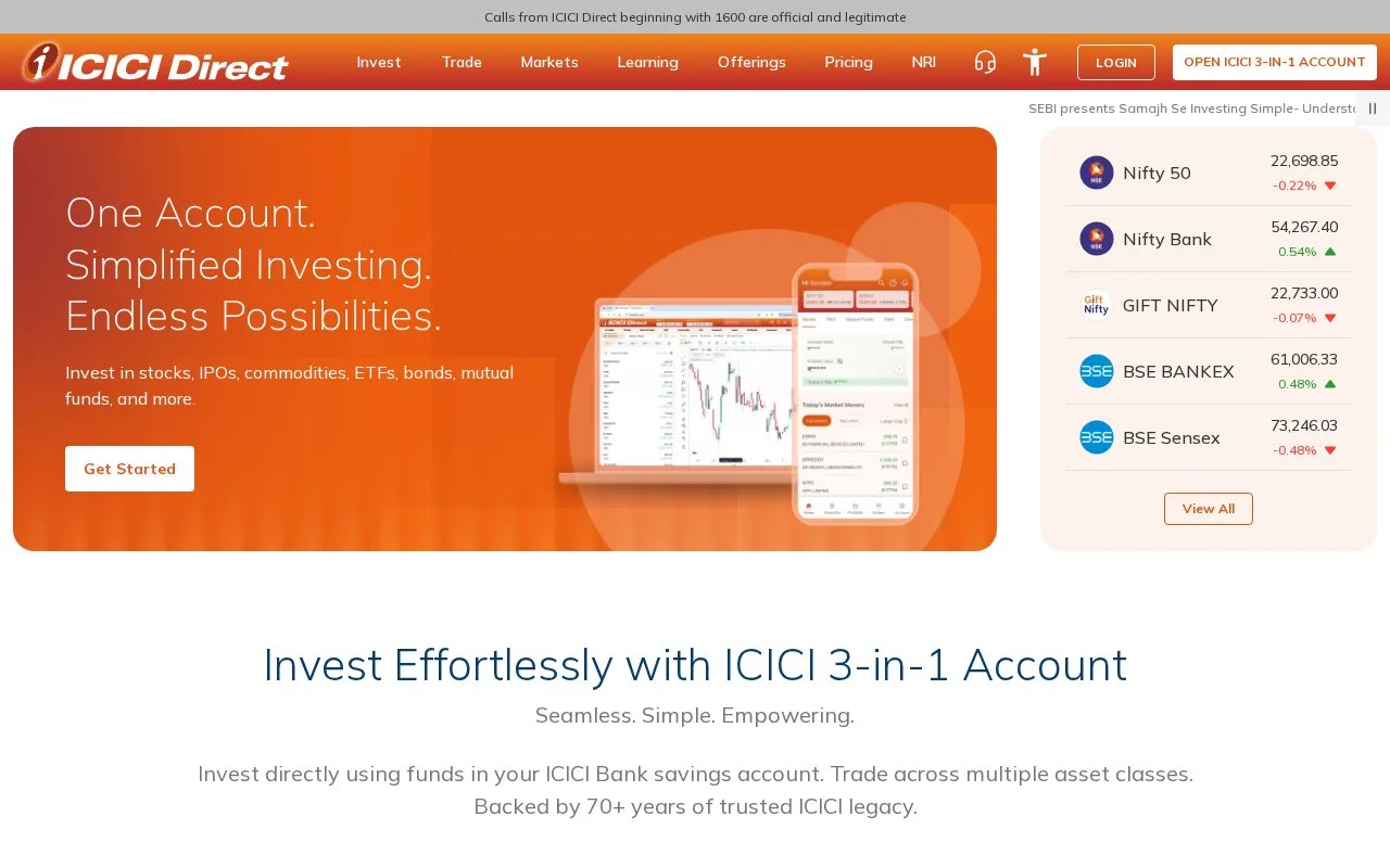 Screenshot of the ICICI Direct homepage
