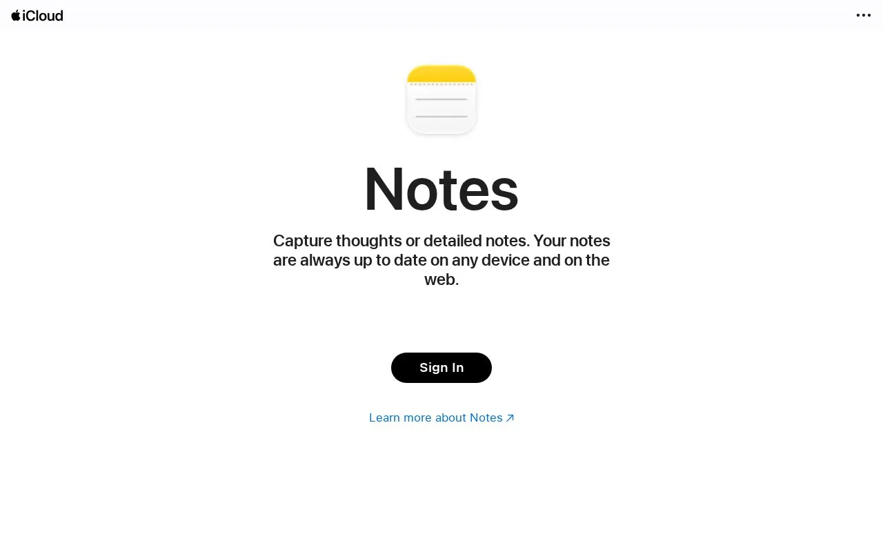Screenshot of the Apple Notes homepage