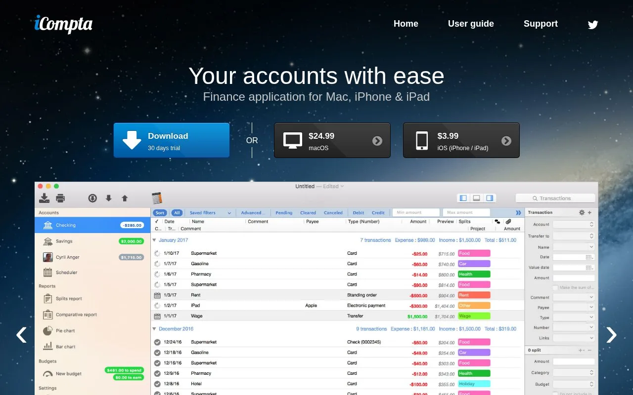 Screenshot of the iCompta homepage