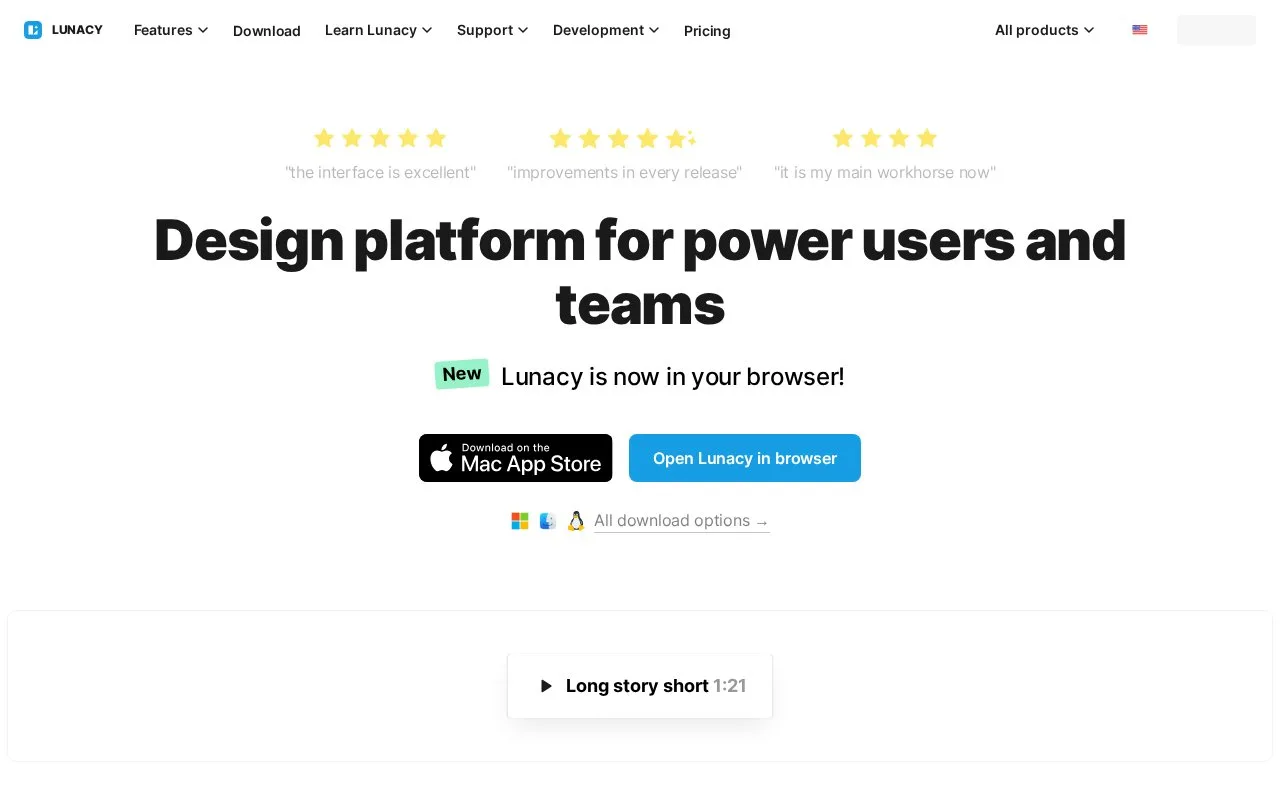 Screenshot of the Lunacy homepage