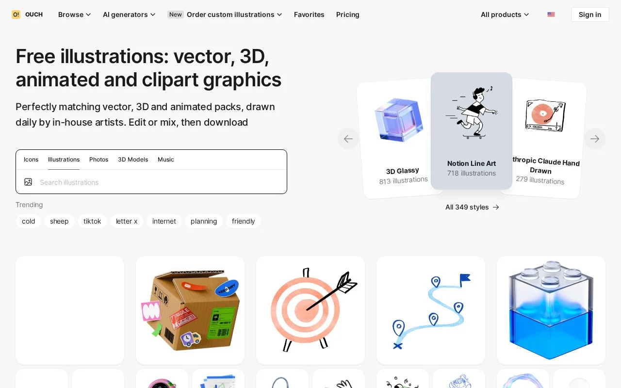 Screenshot of the Ouch homepage