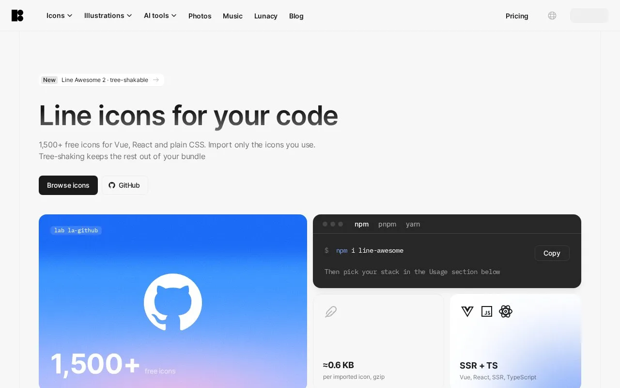 Screenshot of the Line Awesome homepage