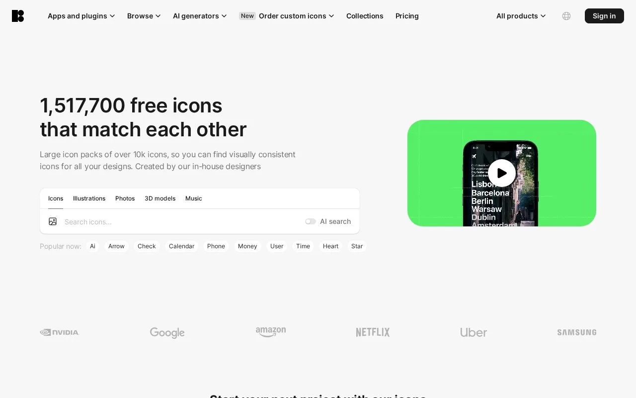 Screenshot of the Icons8 Icons homepage