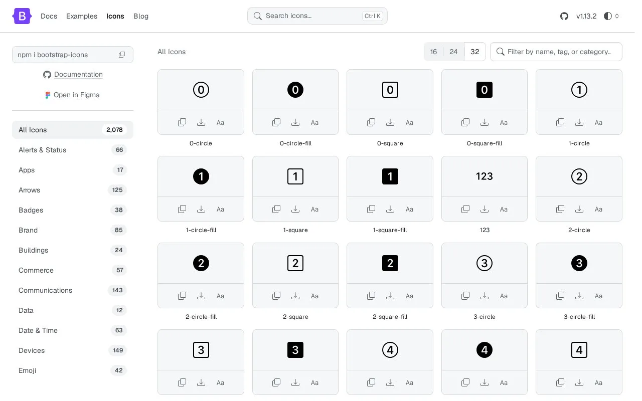 Screenshot of the Bootstrap Icons homepage