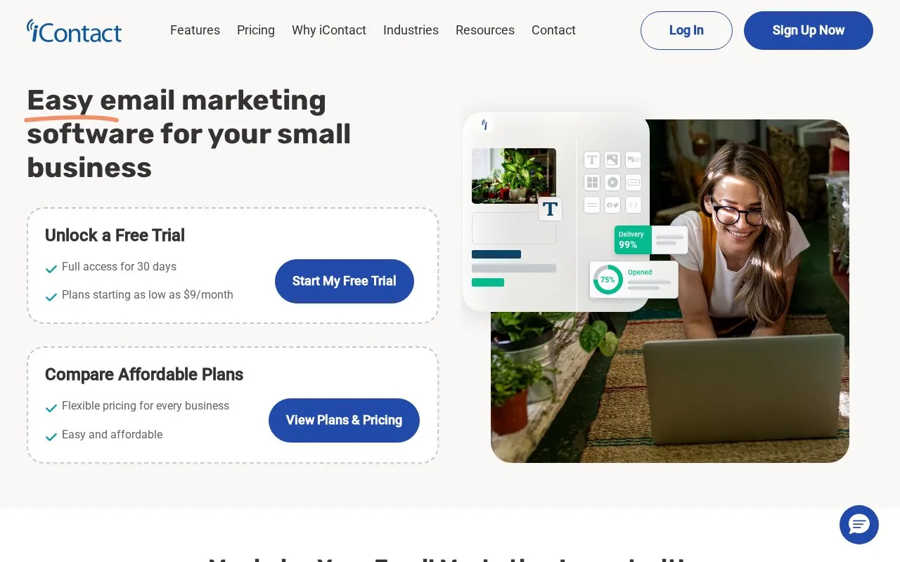 Screenshot of the iContact homepage