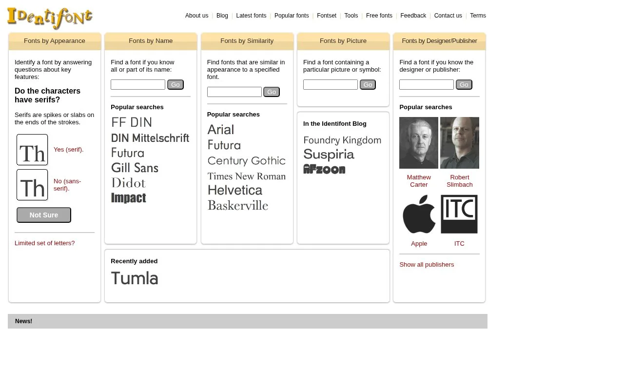 Screenshot of the Identifont homepage
