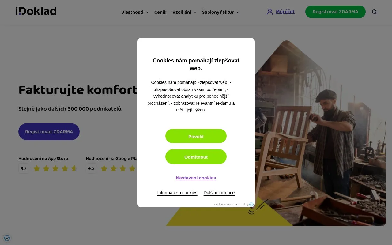 Screenshot of the iDoklad homepage
