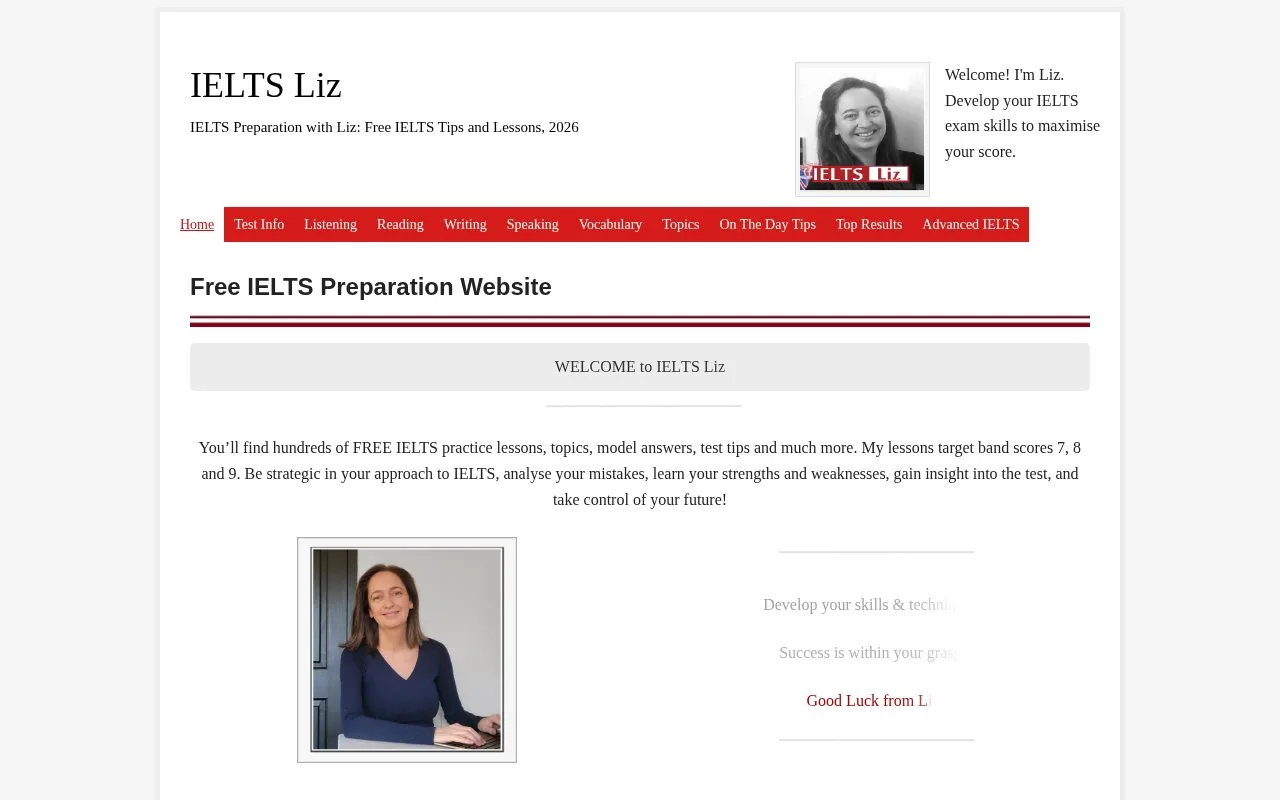 Screenshot of the IELTS Liz homepage