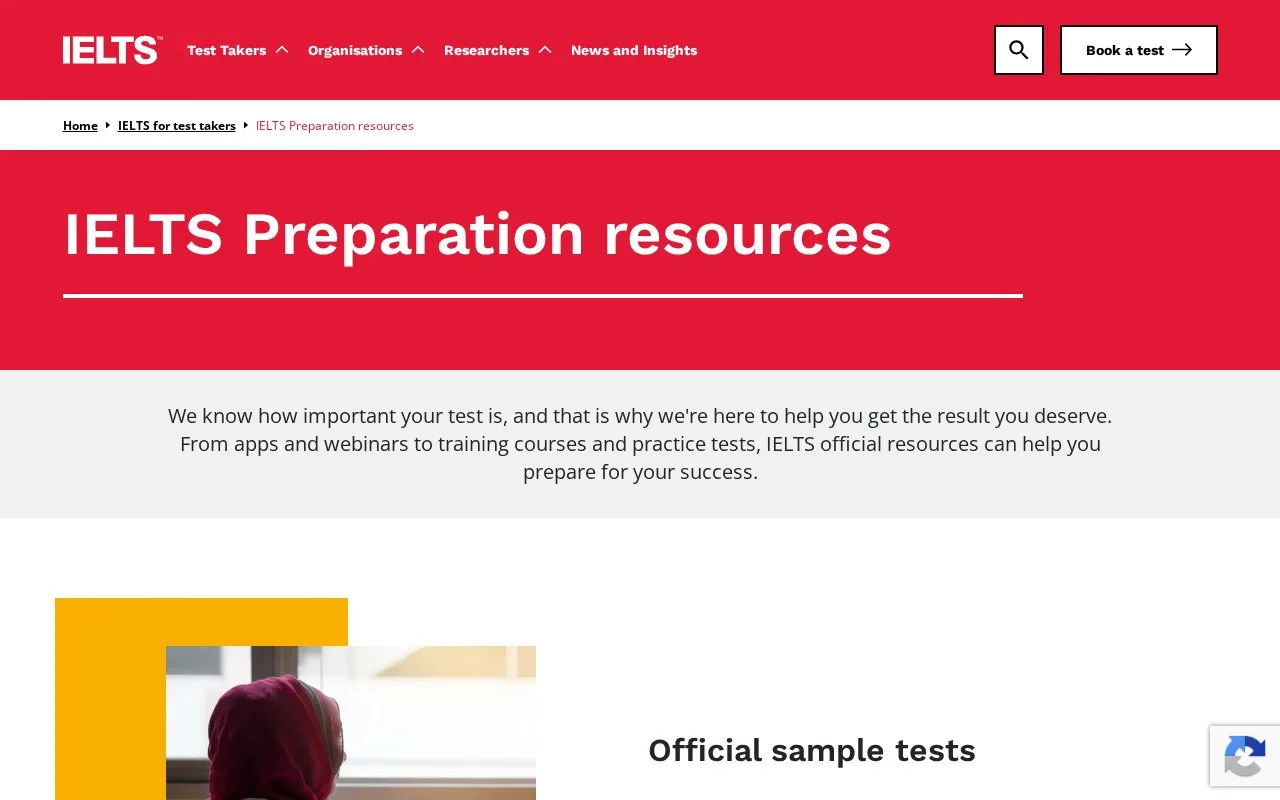 Screenshot of the IELTS Official Preparation homepage