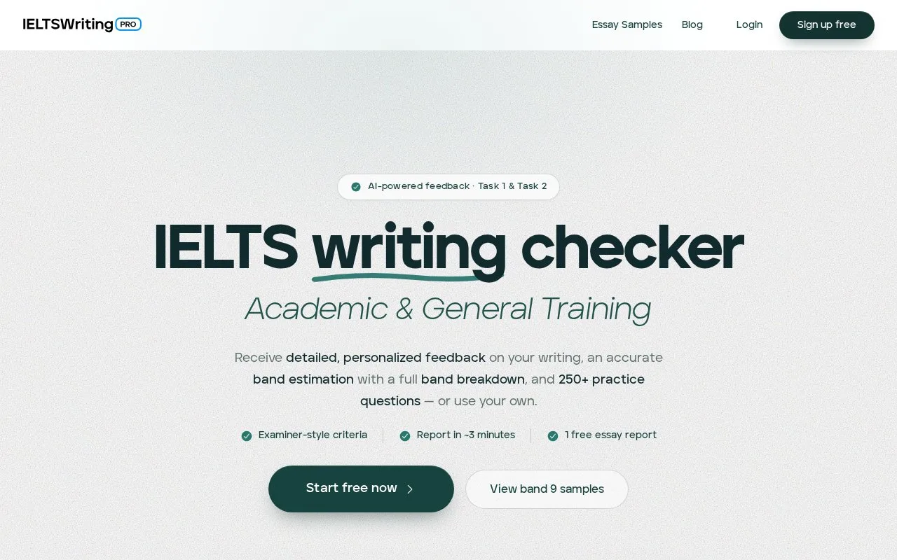 Screenshot of the IELTSWritingPro homepage