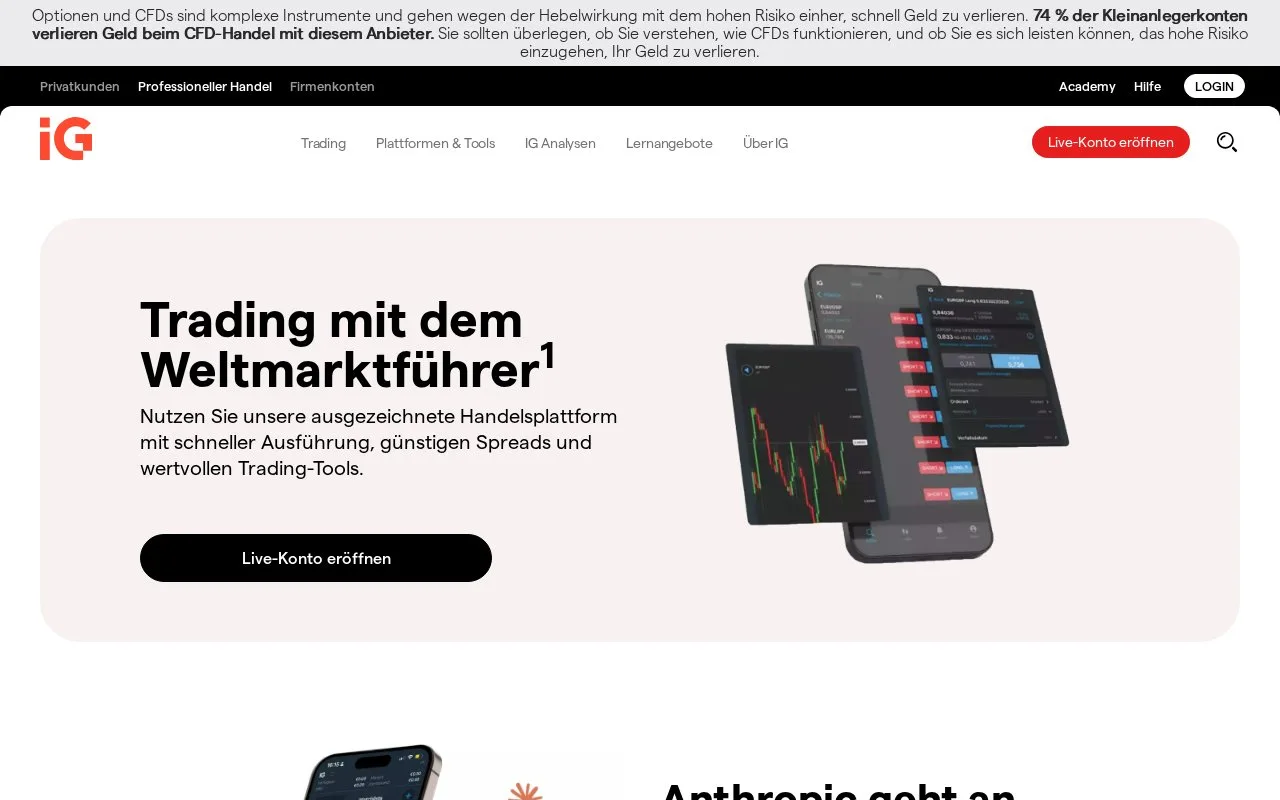 Screenshot of the IG homepage