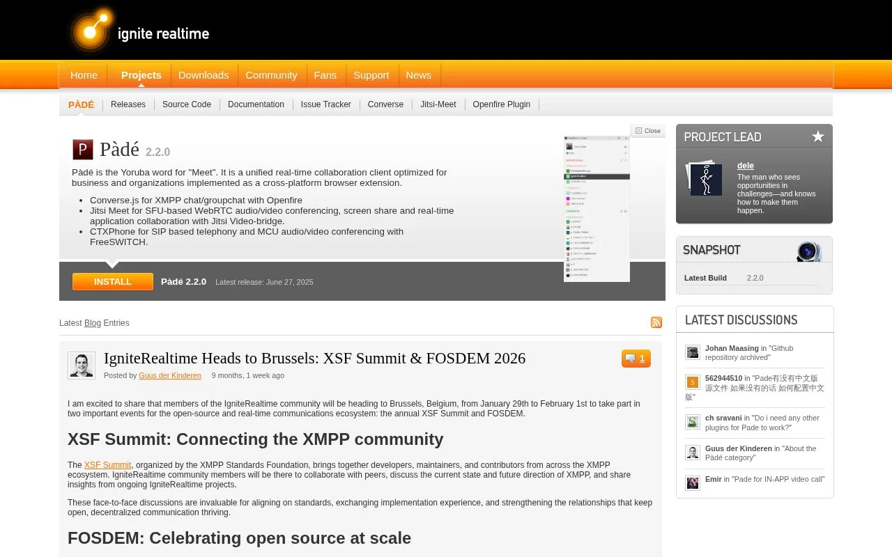 Screenshot of the Pàdé homepage