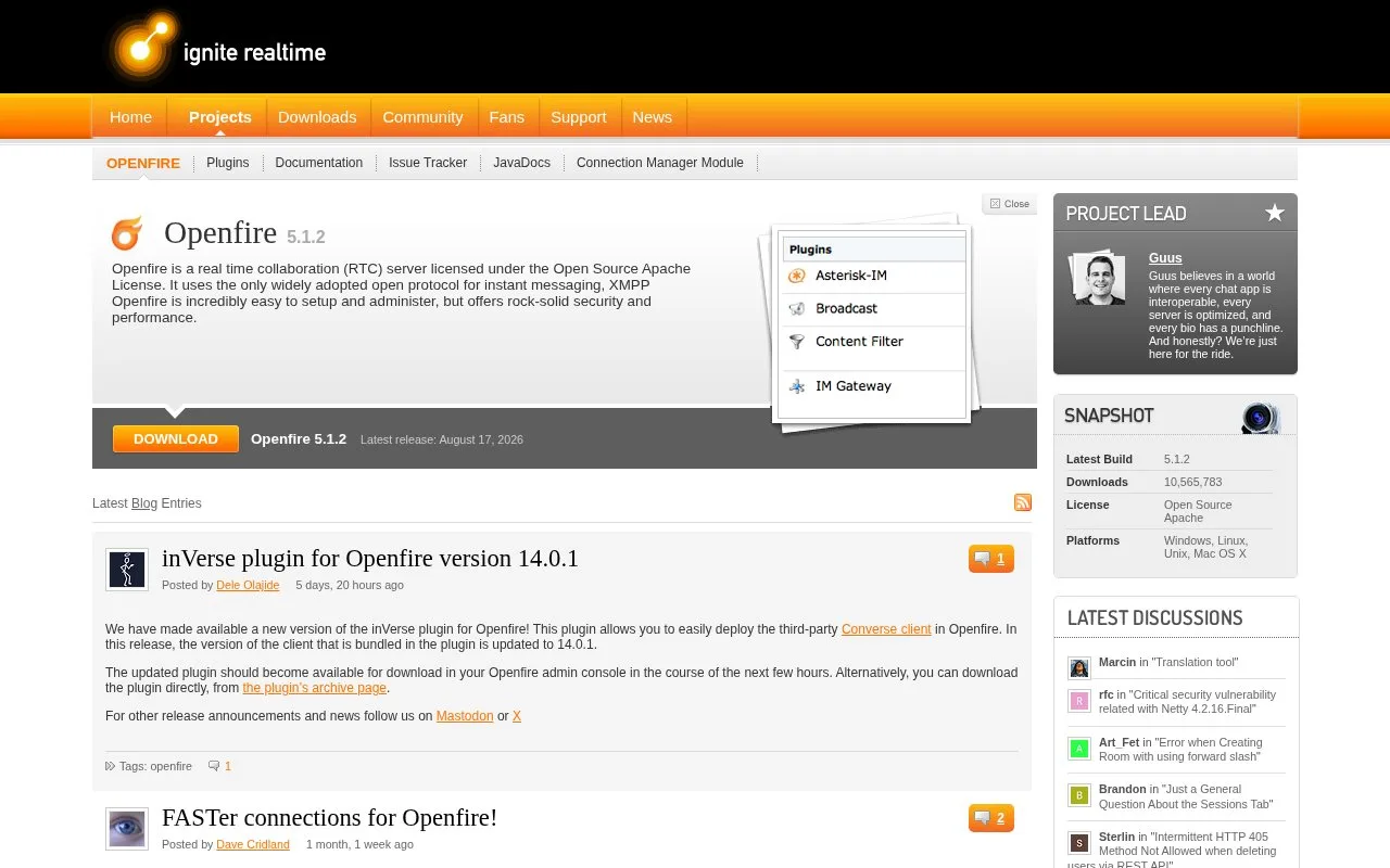 Screenshot of the Openfire homepage
