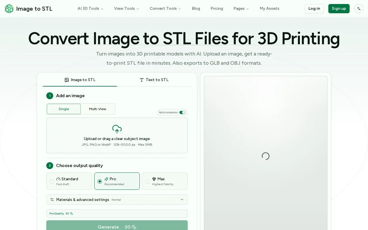 Screenshot of the Image to STL homepage