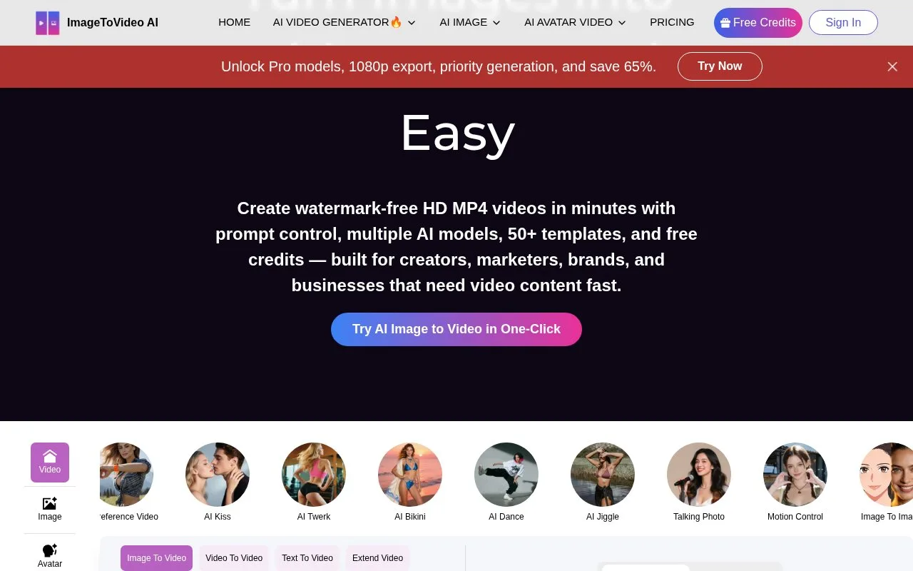 Screenshot of the ImageToVideo AI homepage