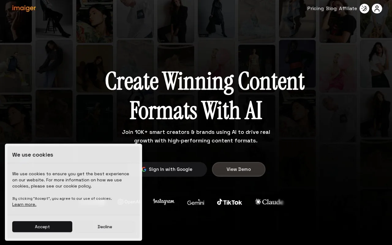 Screenshot of the Imaiger homepage