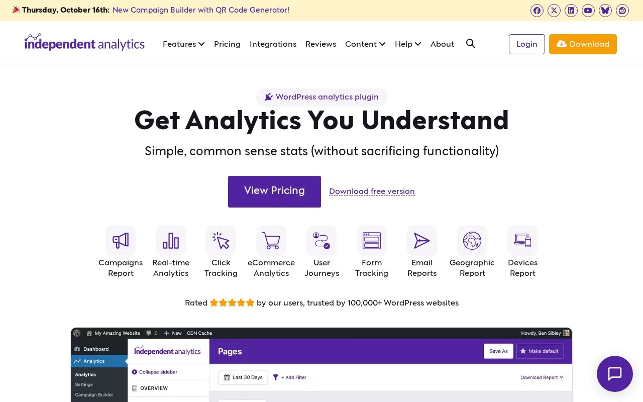 Screenshot of the Independent Analytics homepage