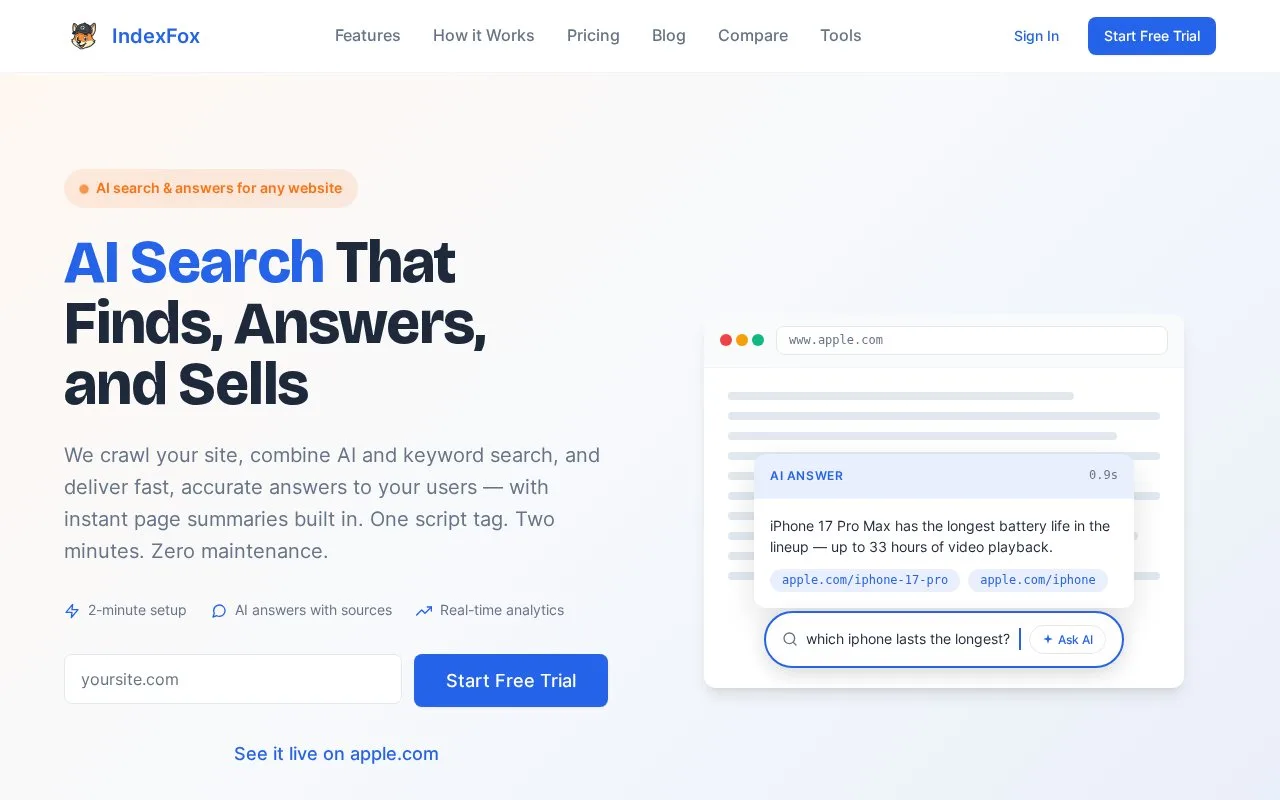 Screenshot of the IndexFox.ai homepage