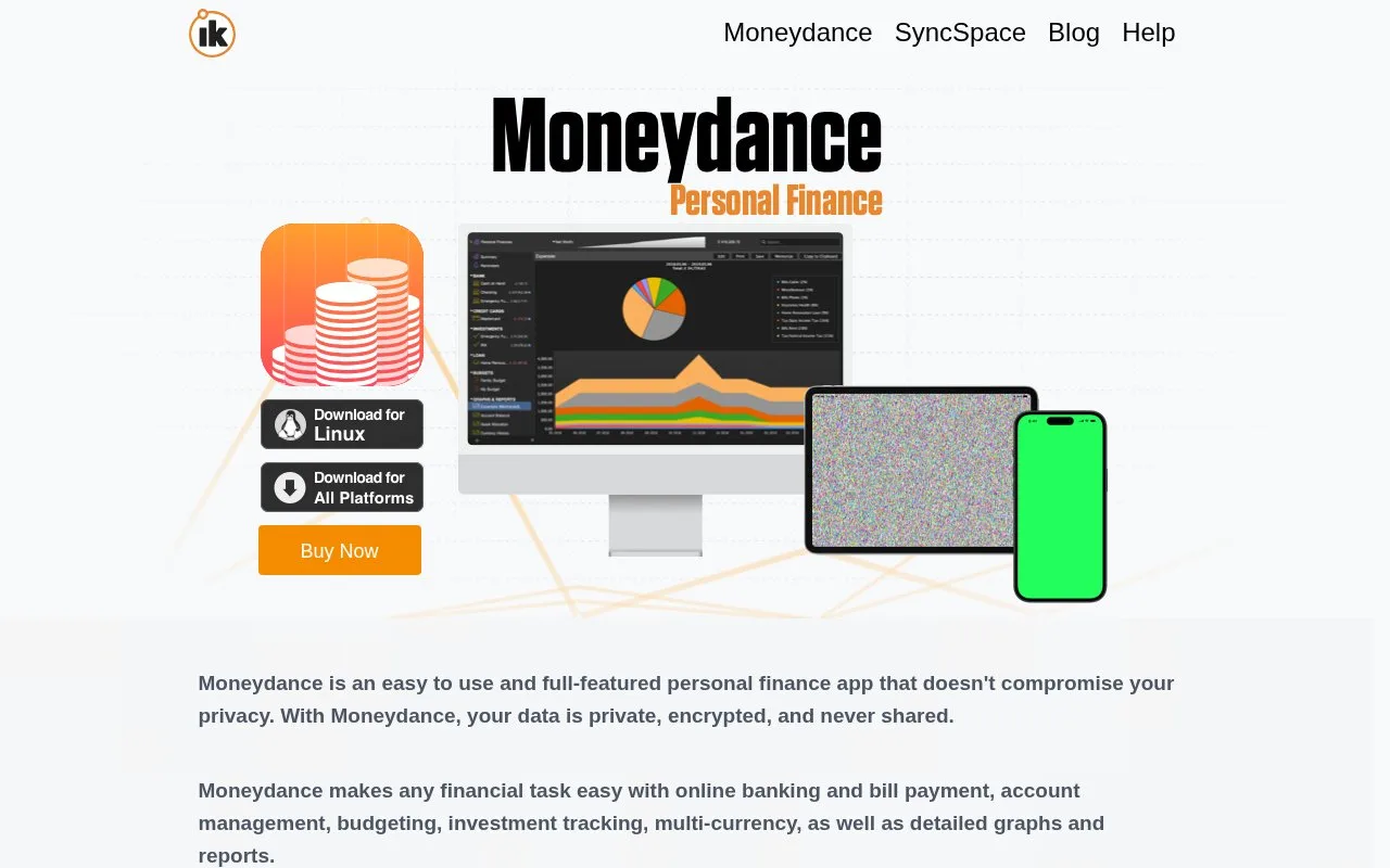 Screenshot of the Moneydance homepage