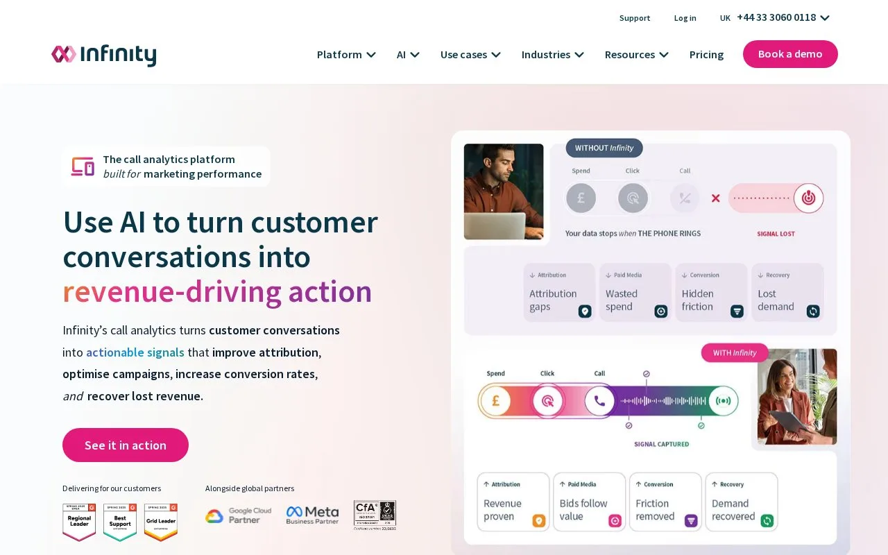 Screenshot of the Infinity Call Analytics homepage