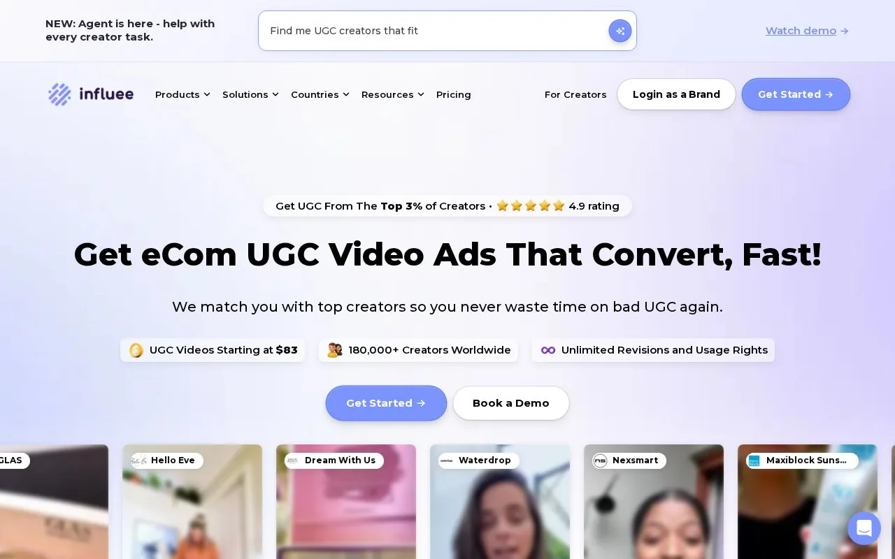 Screenshot of the Influee homepage