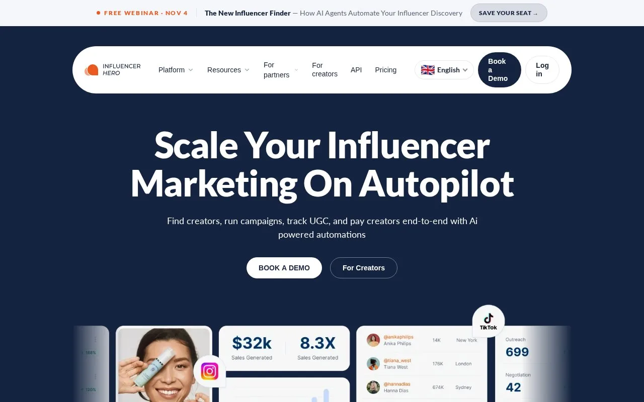 Screenshot of the Influencer Hero homepage