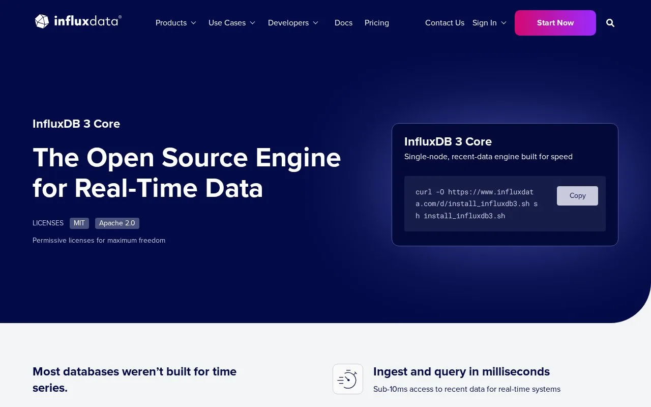 Screenshot of the InfluxDB 3 Core homepage
