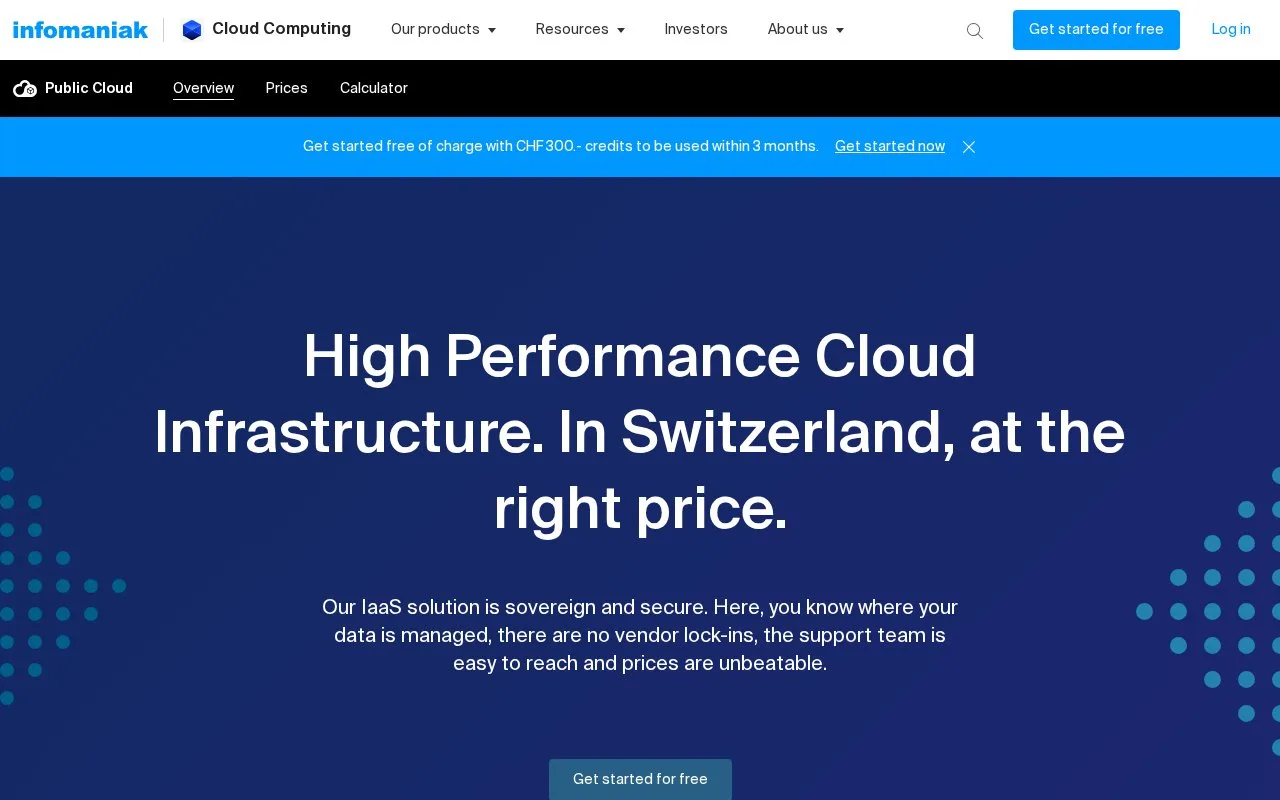 Screenshot of the Infomaniak Public Cloud homepage