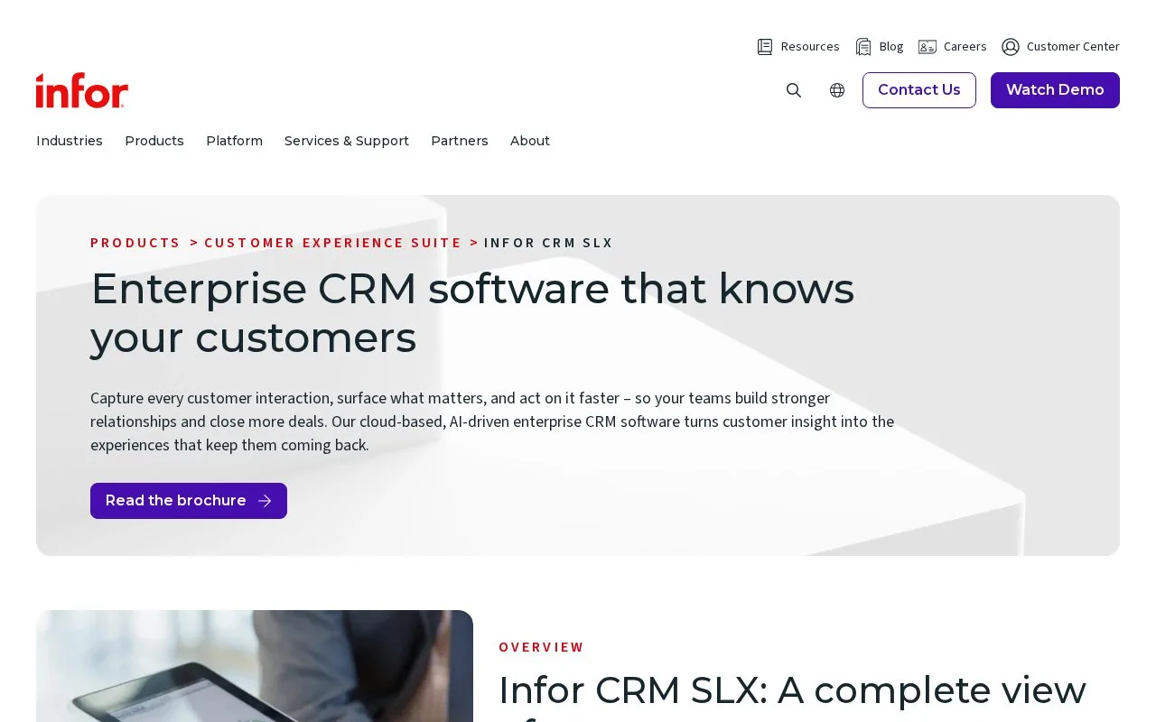 Screenshot of the Infor CRM SLX homepage