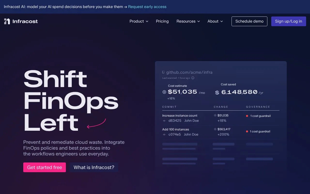 Screenshot of the Infracost homepage