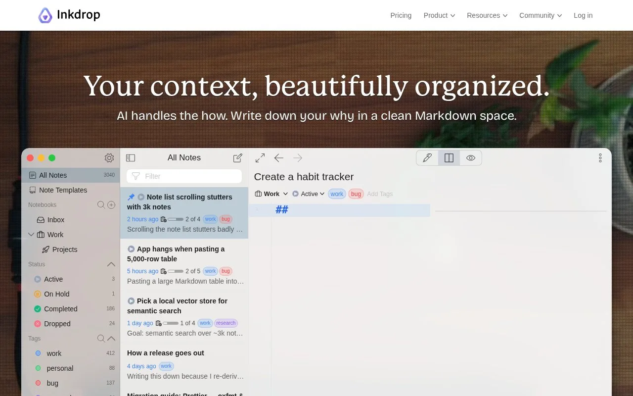 Screenshot of the Inkdrop homepage
