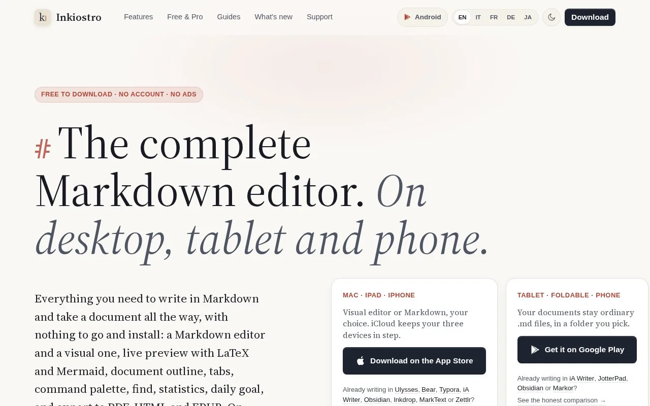 Screenshot of the Inkiostro homepage