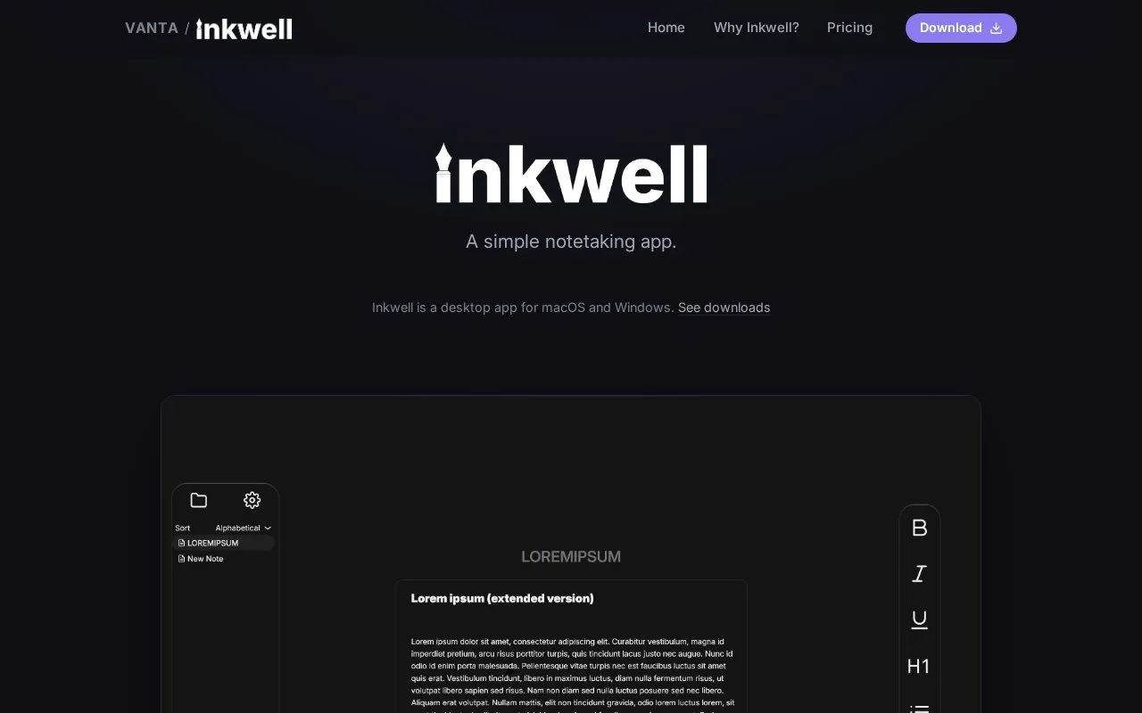 Screenshot of the Inkwell homepage