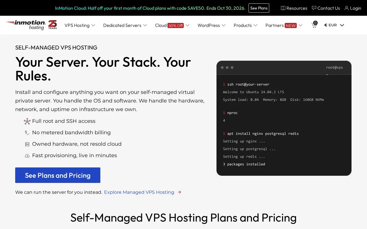 Screenshot of the InMotion Self-Managed VPS Hosting homepage