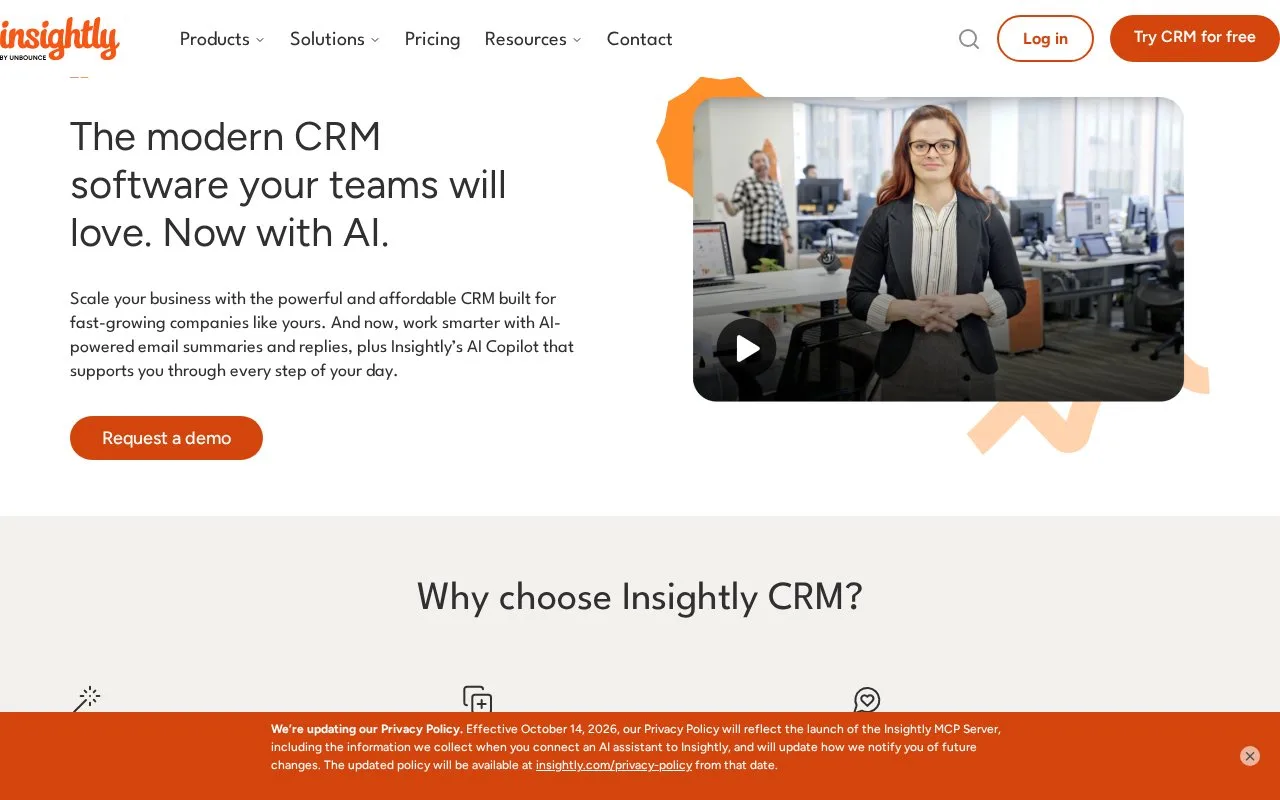 Screenshot of the Insightly CRM homepage