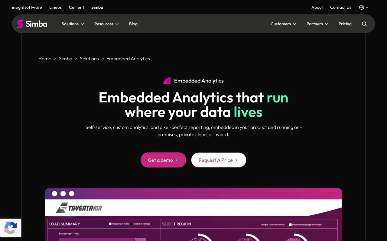 Screenshot of the Simba Embedded Analytics homepage