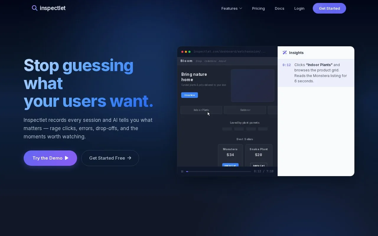 Screenshot of the Inspectlet homepage