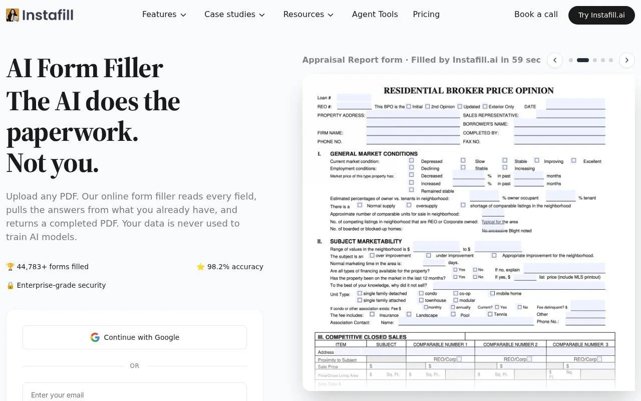 Screenshot of the Instafill.ai homepage